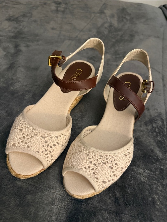Chaps Shoes - Chaps Cream Crochet Espadrille Wedges with Brown Ankle Strap